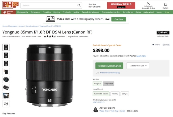 佳能将开放RF卡口？B&H重新上架永诺85mm F1.8R AF镜头