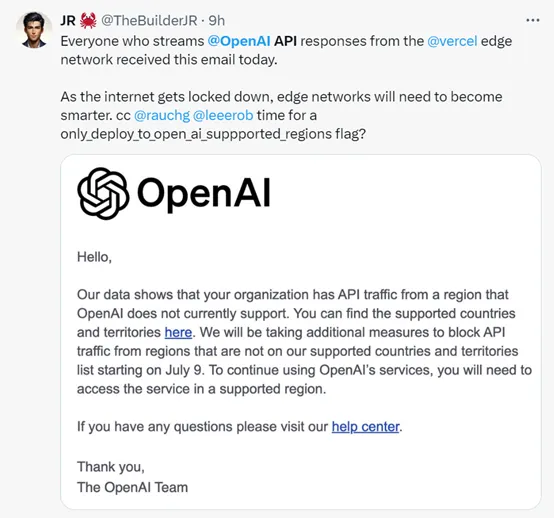 突发！OpenAI停止不支持国家API，7月9日开始执行